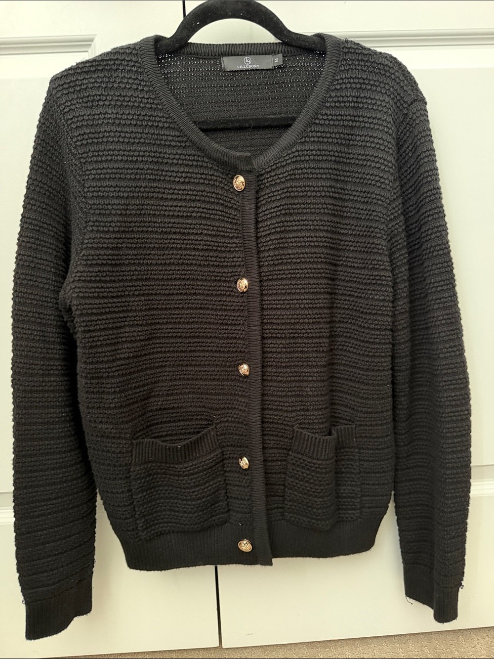 Black Knit Button-Front Cardigan with Gold Buttons